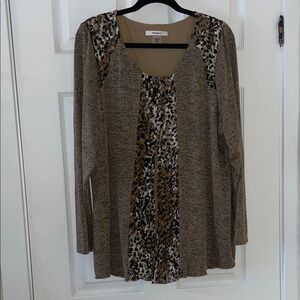 Tanjay tan brown leopard lace detail long sleeve top